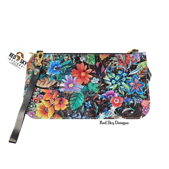 Floral Acid Wash Cowhide Wristlet - Picture 1 of 3